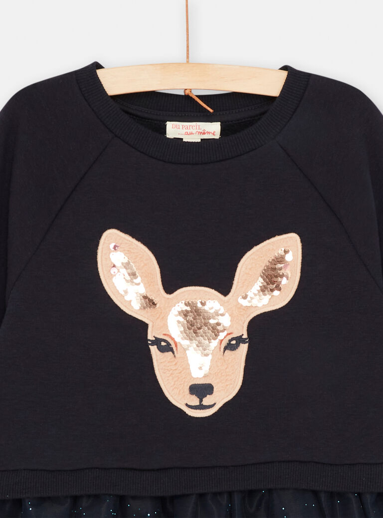 Robe sweat noirine à animation tête de biche pour fille