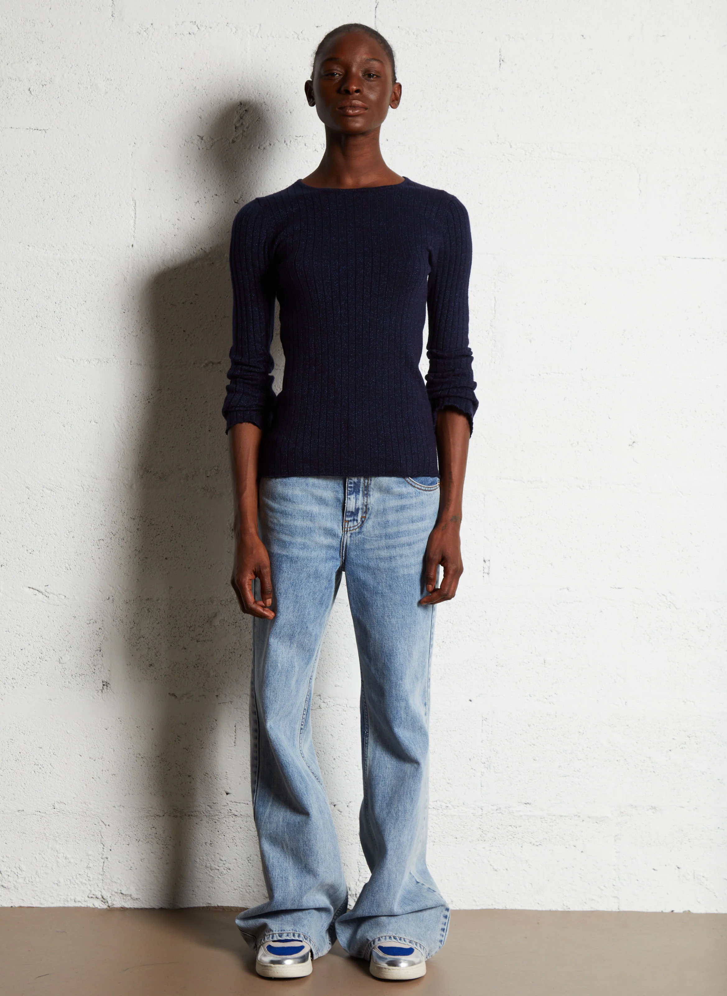 Pull cintré col rond en maille métallisée | Bleu