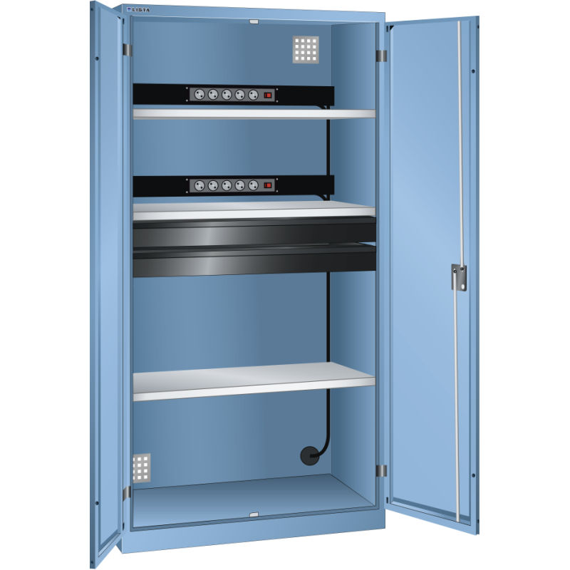 LISTA - Armoire charge batterie H 195 x L 100 x P 58 cm - 2 rampes électrique avec 5 prises (230V) - 2 tiroirs laqués gris anthracite