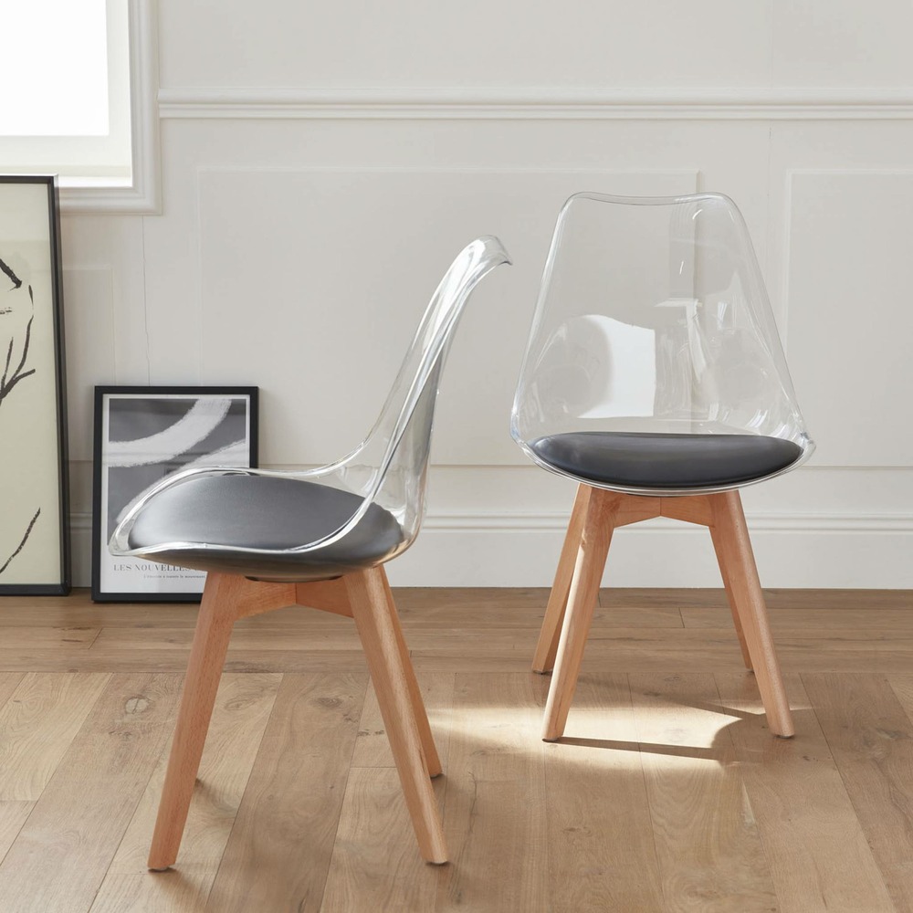Lot de 4 chaises scandinaves - lagertha - pieds bois. Fauteuils 1 place. Coussin noir. Coque transparente