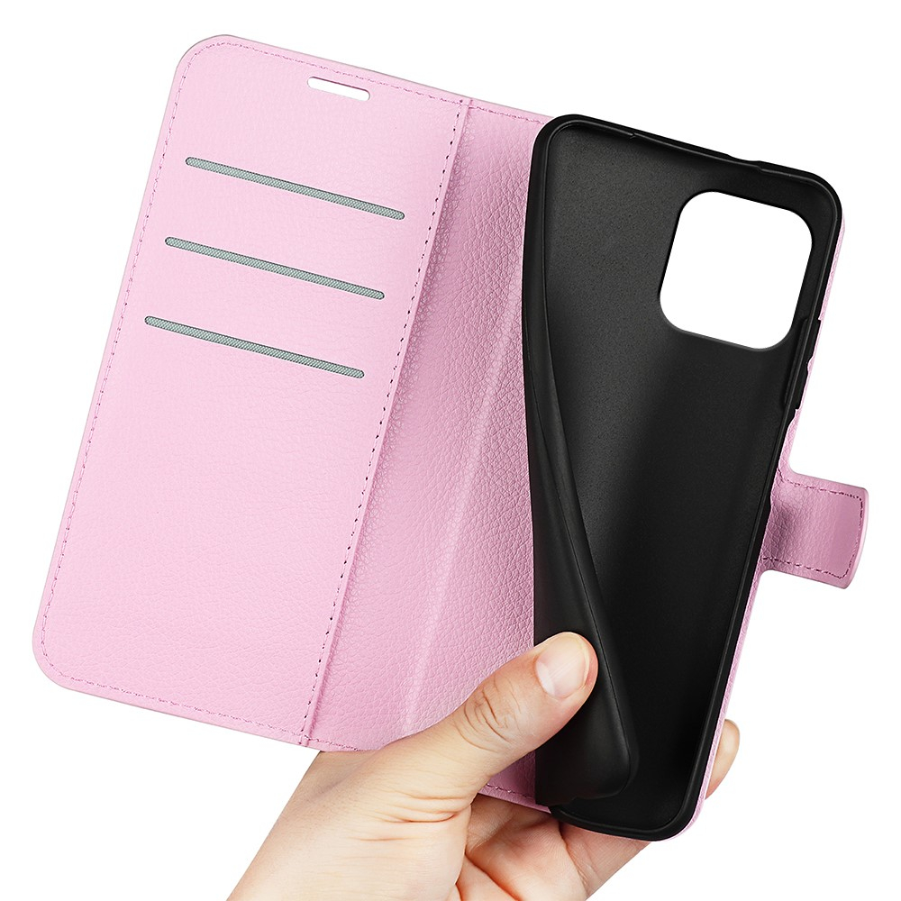 iPhone 15 Leder Tasche Flip Cover Litchi Look - Rosa