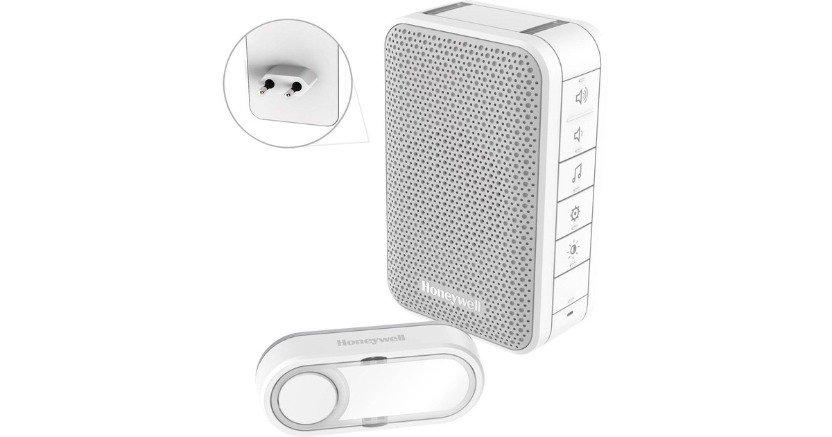 HoneywellDC313SP2 Draadloze plug-in deurbel met volumeregelaar en drukknop  (Wit/grijs)