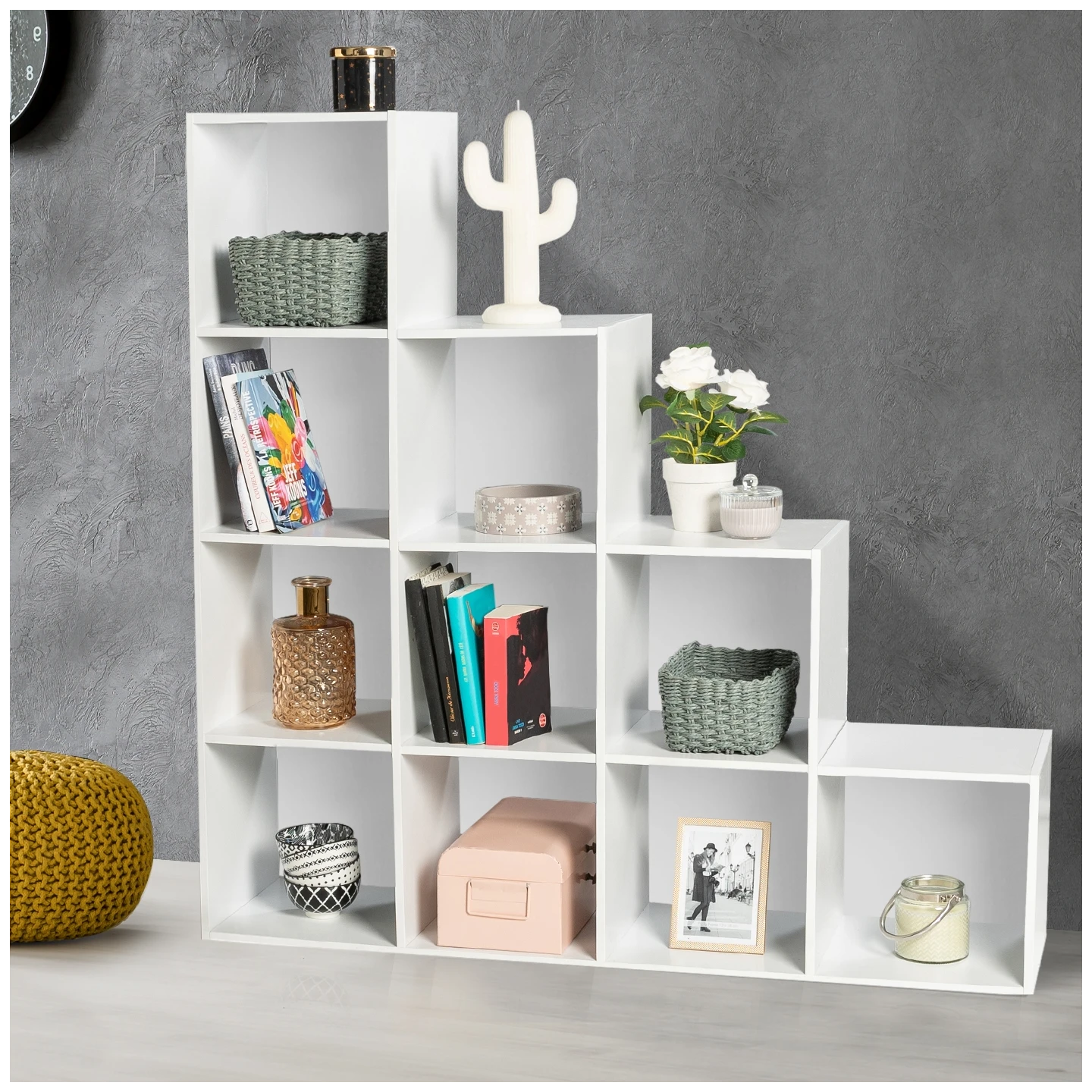 Meuble de rangement en escalier LIAM 4 niveaux bois blanc + fond blanc