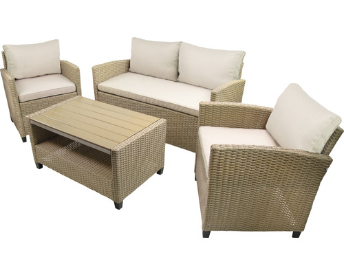 Tuinmeubelset, loungeset, 4-zits, bestaande uit: bank, 2 fauteuils, tafel, inclusief kussens, polyrotan, staal, beige