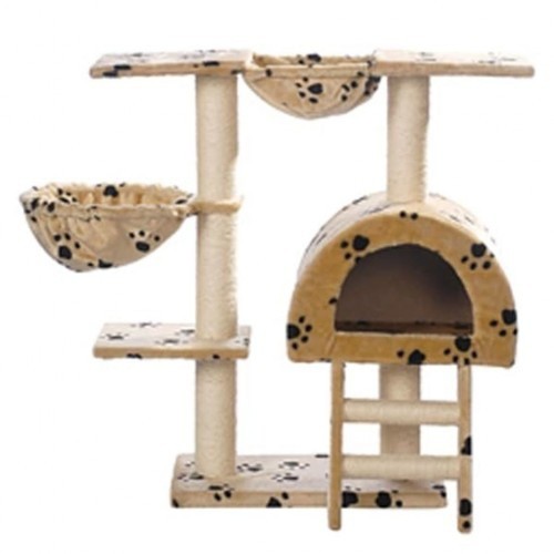 Arranhador bege para gatos com pegadas de patas.