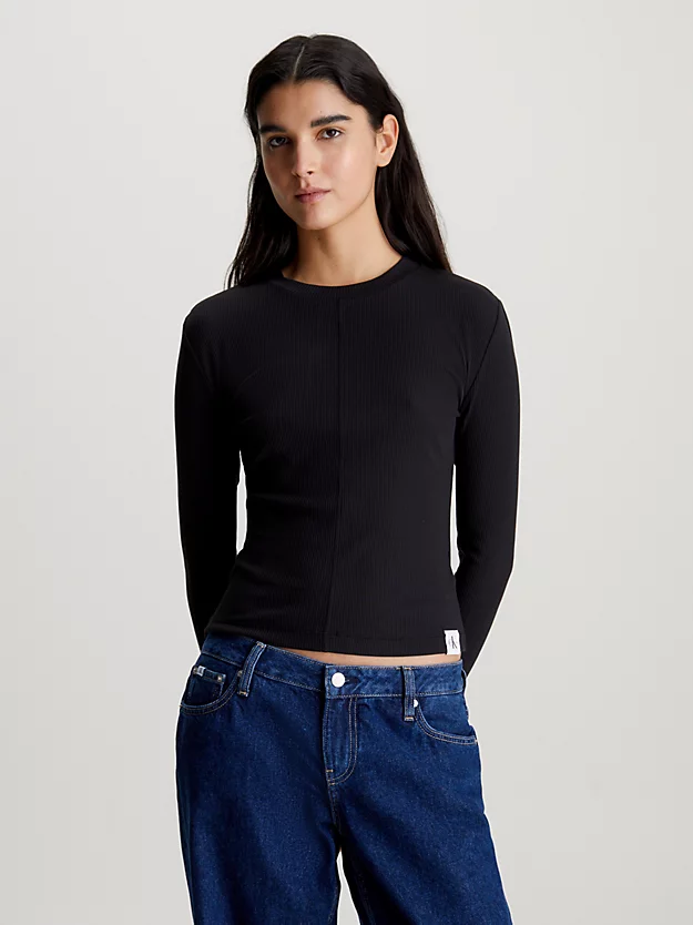 Blusa de manga comprida canelada e modelagem justa