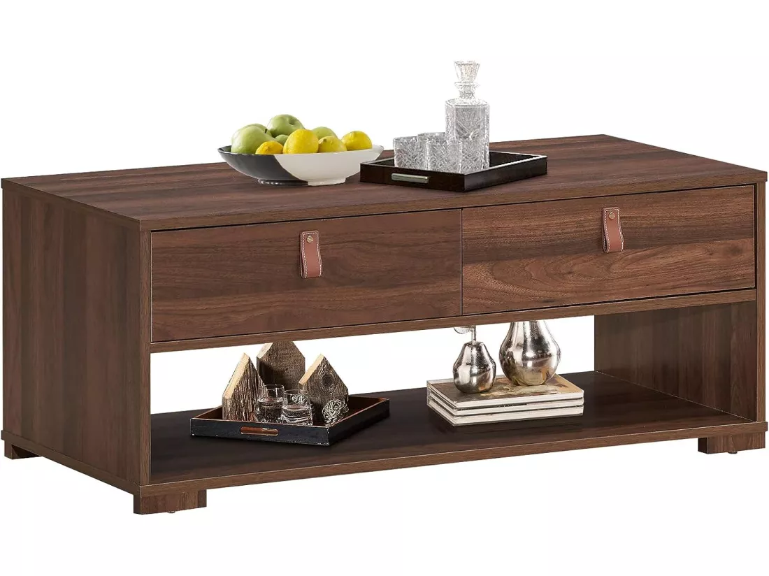 Table basse vintage avec 2 tiroirs et étagère de rangement ouverte, 100 x 44 x 41 cm