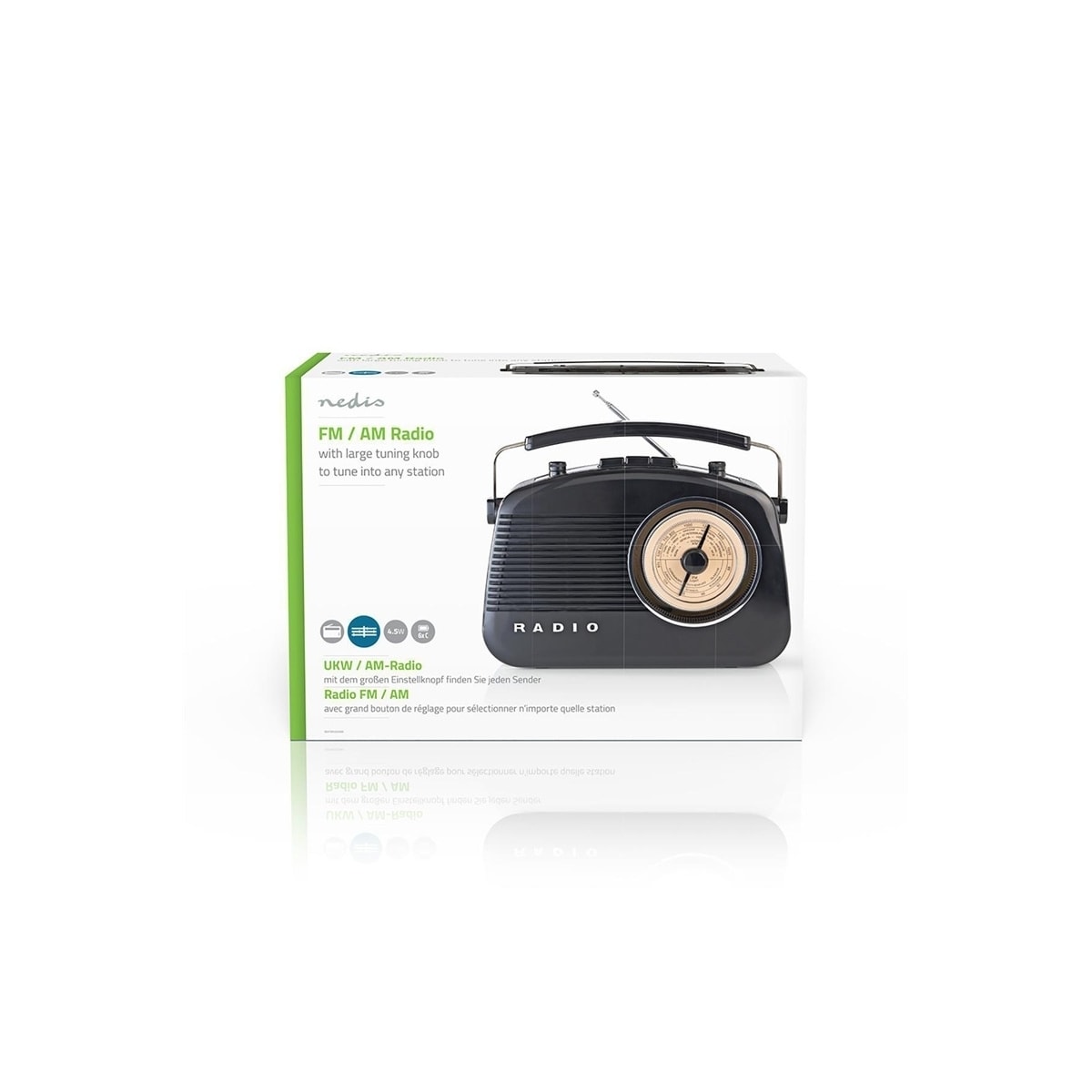 Nedis FM-radio | Bord design | AM / FM | Batteri drevet / Nettstrøm drevet | Analog | 4.5 W | IP20 | Bære håndtak | Sort