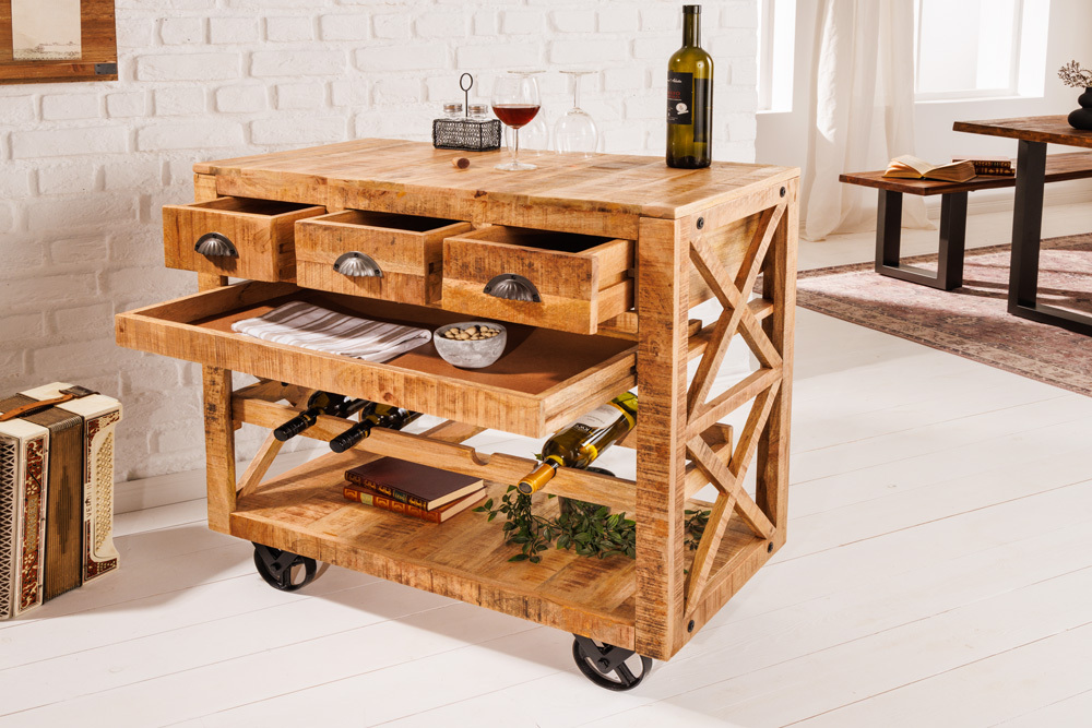 Industrial Barschrank BODEGA 86cm Mangoholz Servierwagen mit Weinregal
