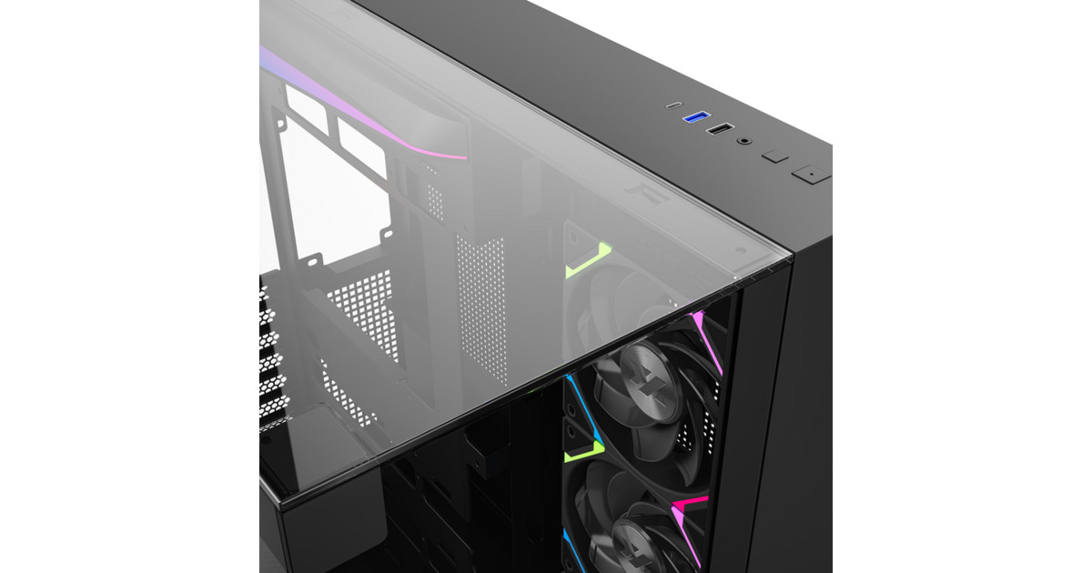 XYZ PC GearTesseract A-RGB midi tower behuizing  (Zwart | 2x USB-A | 1x USB-C | RGB | Tempered Glass)