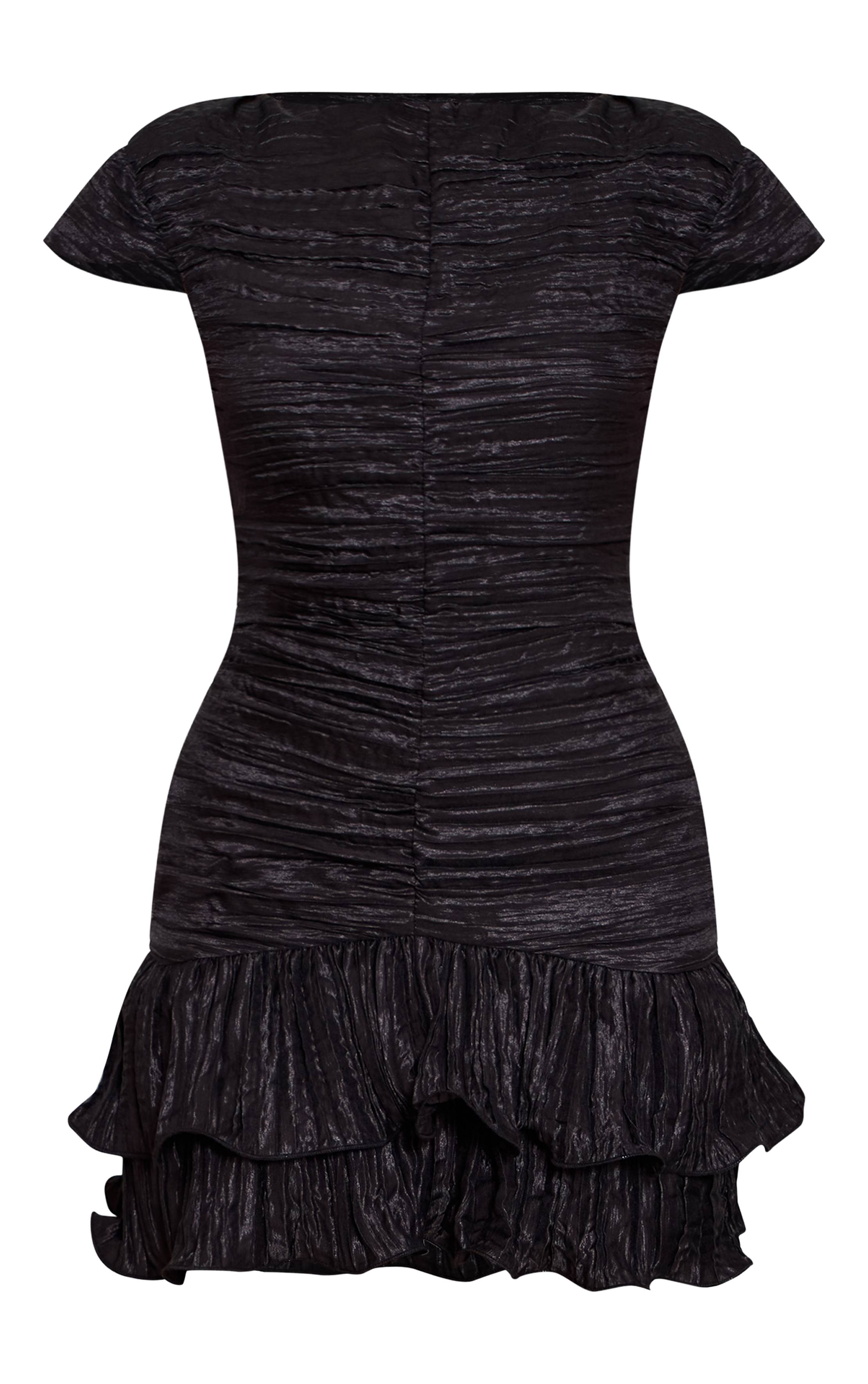 Noir Robe Courte Texturée À Col Bateau Et Ourlet À Volants