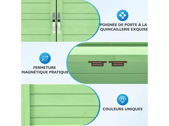 Abri de jardin en bois traité comprenant une grande cabane à outils et deux petits modules de stockage couleur vert nature