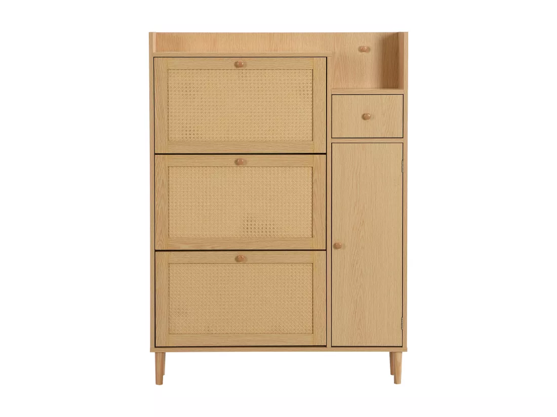 Armoire à chaussures en rotin, 3 portes battantes et 1 tiroir avec pieds et poignées en bois massif, dimensions: B90 / h125 / t17 cm