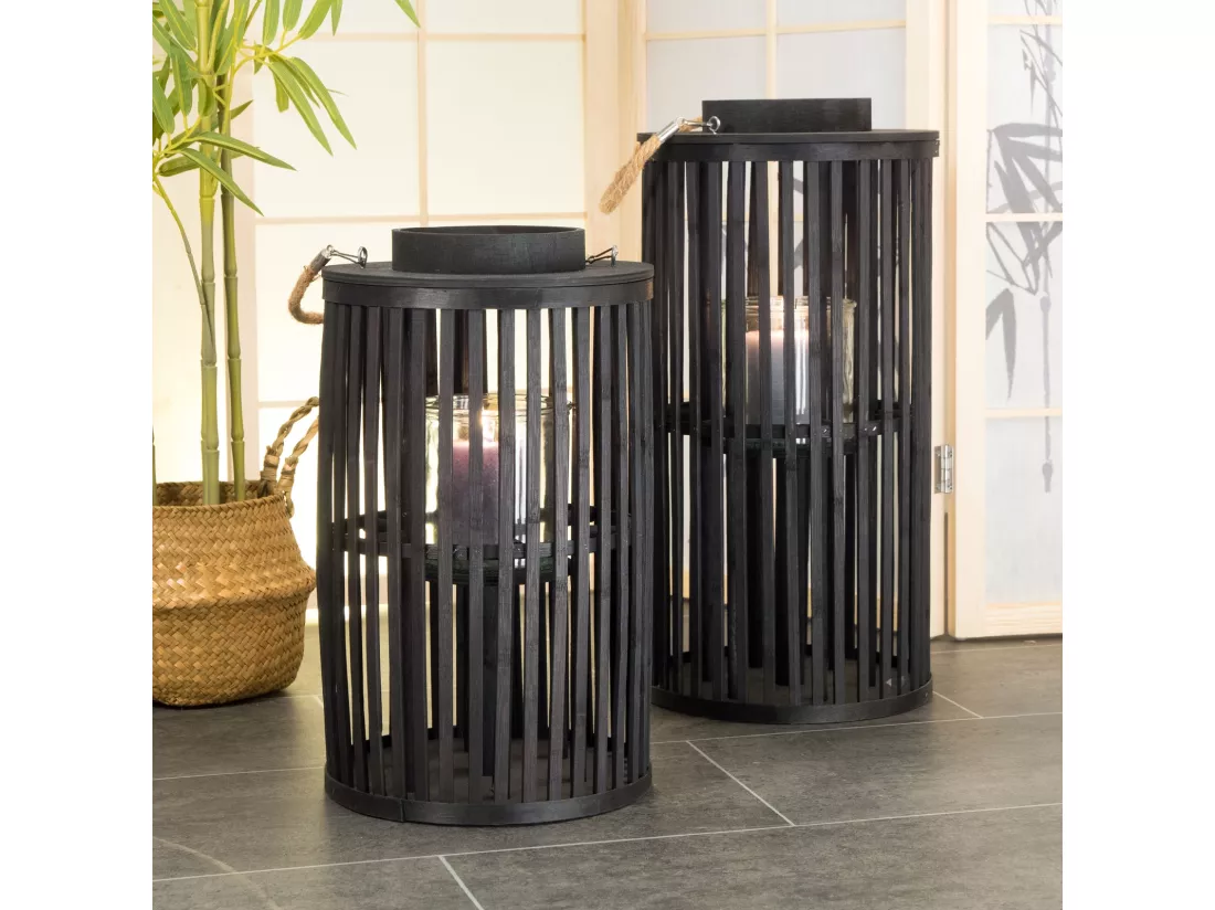 LANTERNE BODENLEUCHTER Midnight | Bambou, noir | avec insert en verre | Porte-bougie, lanterne, chandelier, décoration