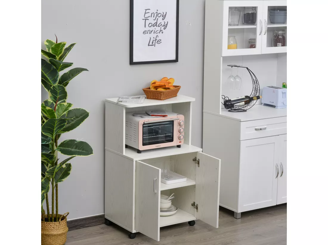Chariot desserte micro-ondes placard 2 portes - dim. 60,4L x 40,3l x 97H cm - blanc
