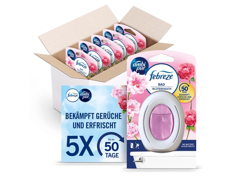 Febreze Bad Lufterfrischer Blütenhauch 5 Stück Praktischer Aufsteller für kontinuierliche Geruchsbekämpfung