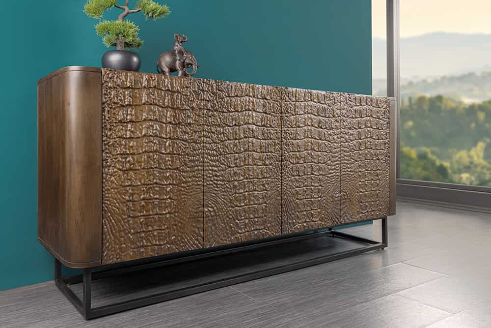 Handgefertigtes Sideboard CROCO 180cm gold braun Mangoholz mit 3D Schnitzereien massiv schwarz Metall