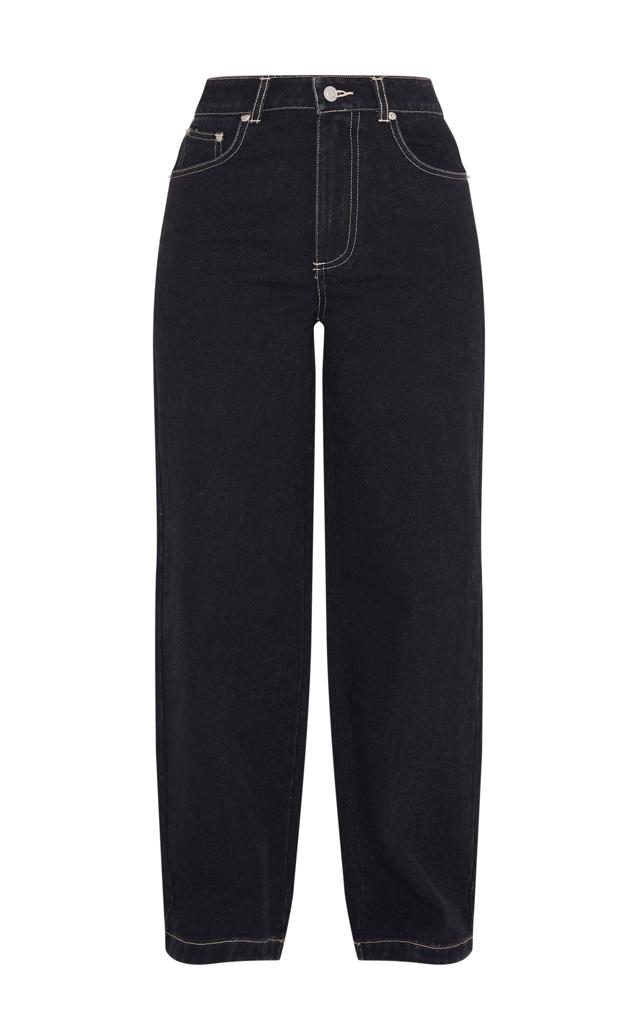 Noir Délavé Jean Droit En Denim À Coutures Contrastées Petite