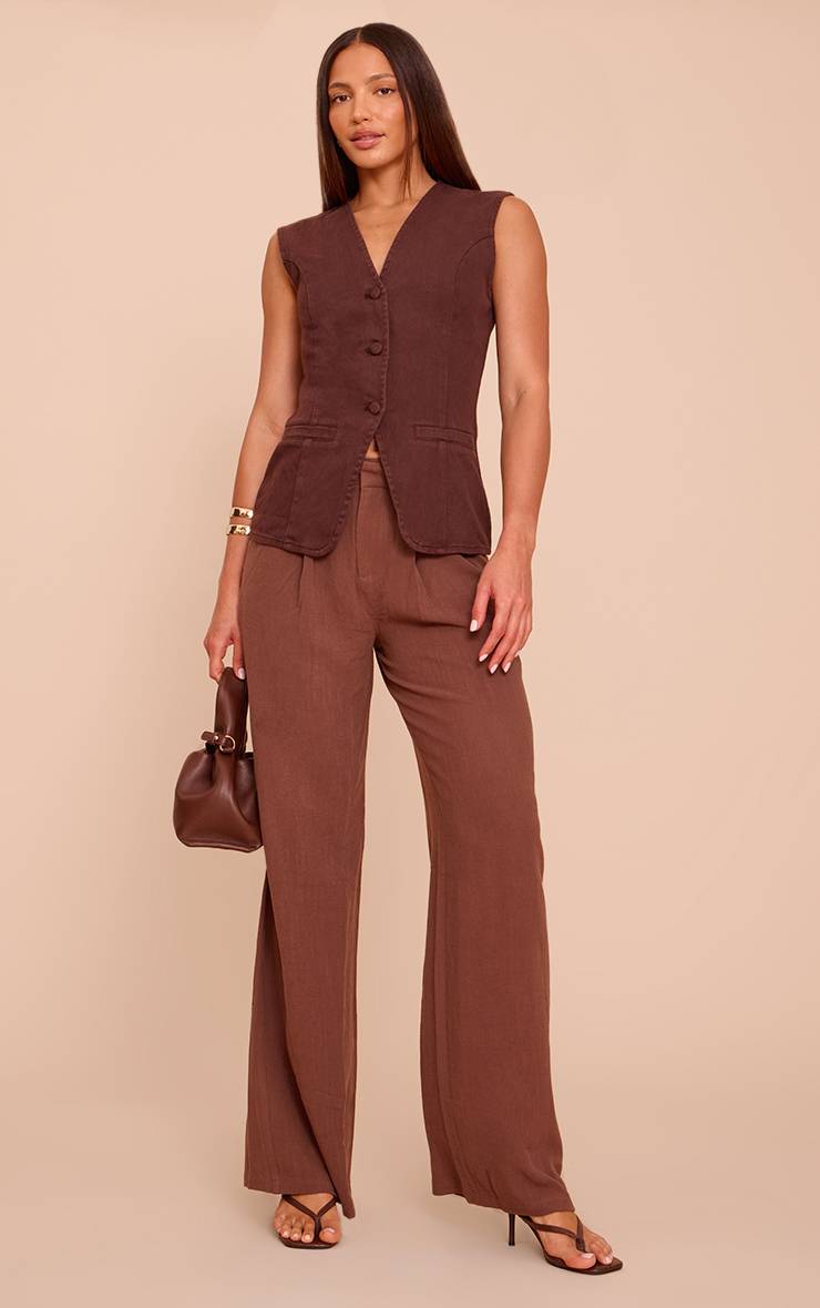 Dark Chocolate Pantalon Droit Tailleur Aspect Lin Coupe Tall