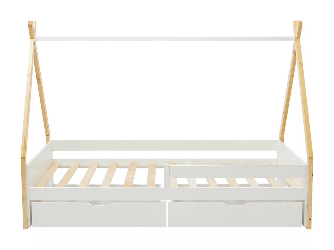 Lit tipi 90 x 190 cm avec tiroirs - Pin et MDF - Coloris : Blanc et naturel - LUANCO