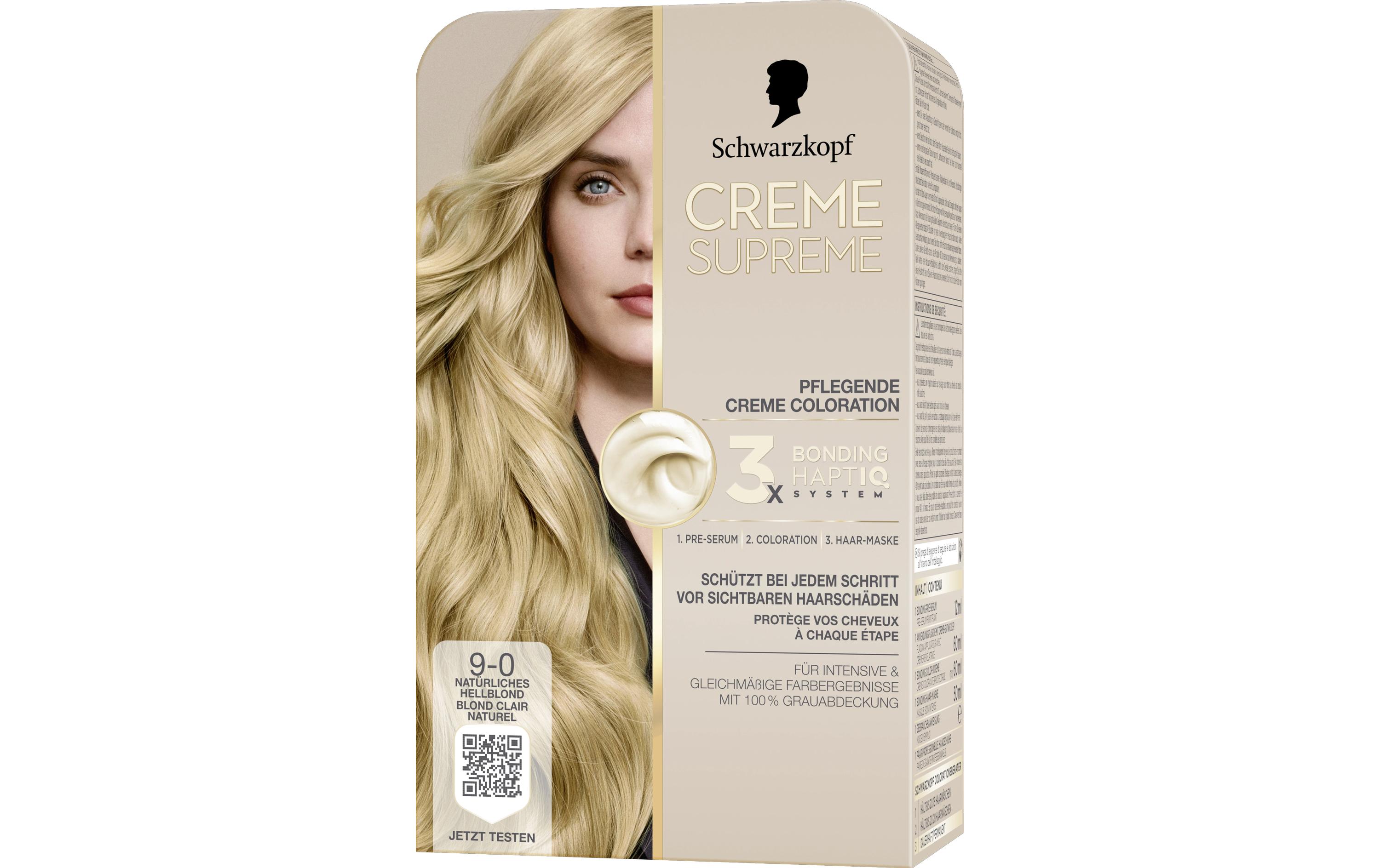 Haarcoloration Creme Supreme 9-0 Natürliches HellblondColoration, schützt das Haar sichtbar vor Haarschäden