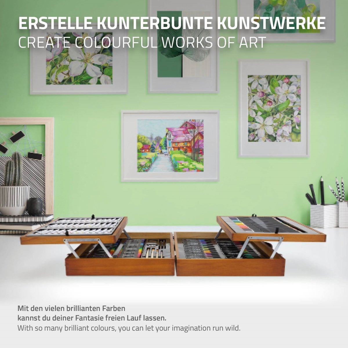 ECD Germany 174-delige schilderset met houten koffer, schilderkoffer voor kinderen en volwassenen, verfdoos, kunst- en tekenset met schildermaterialen, acrylverf, aquarelverf, olieverf, pastelverf, potloden, penselen en accessoires