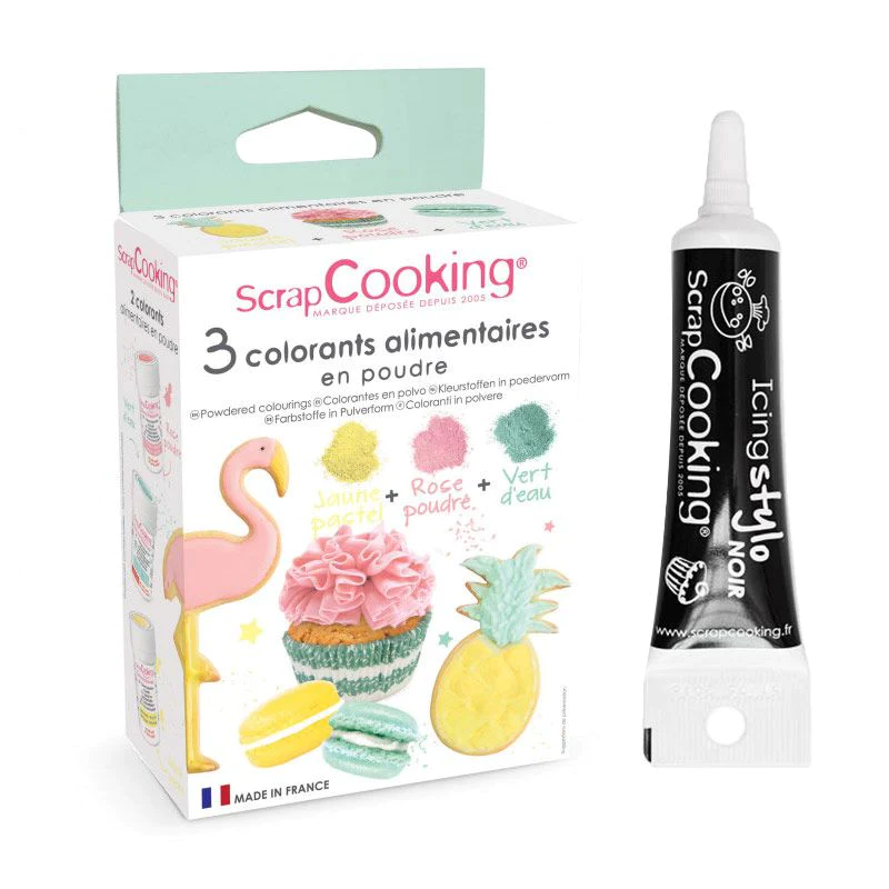 3 colorants alimentaires rose poudré, vert d'eau, doré + Stylo glaçage