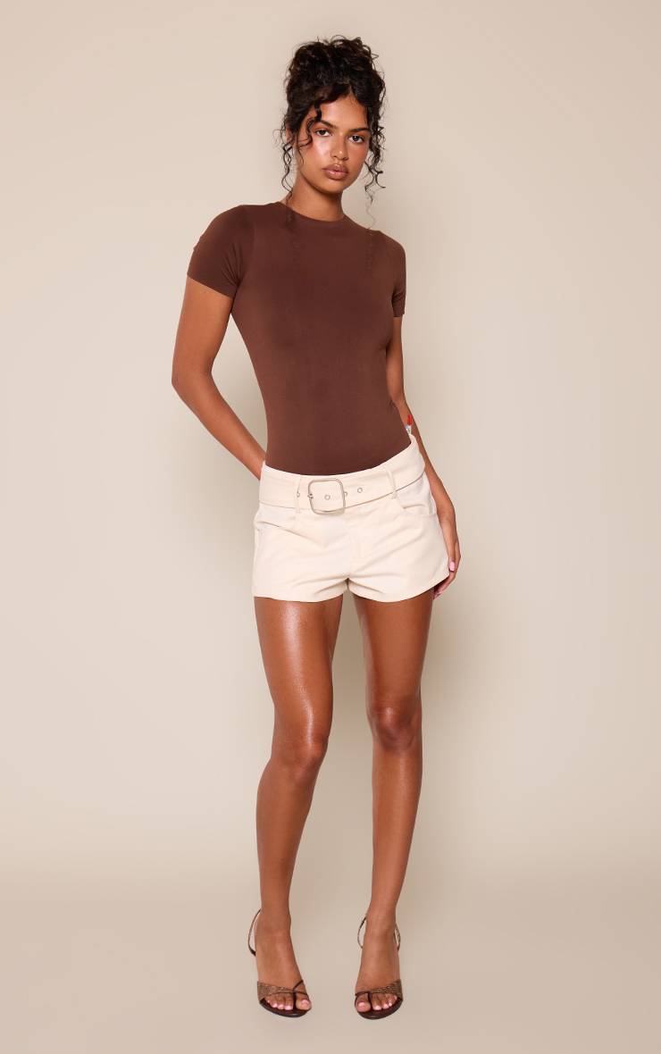 Blanc Short Tailleur Tissé Crème Avec Ceinture