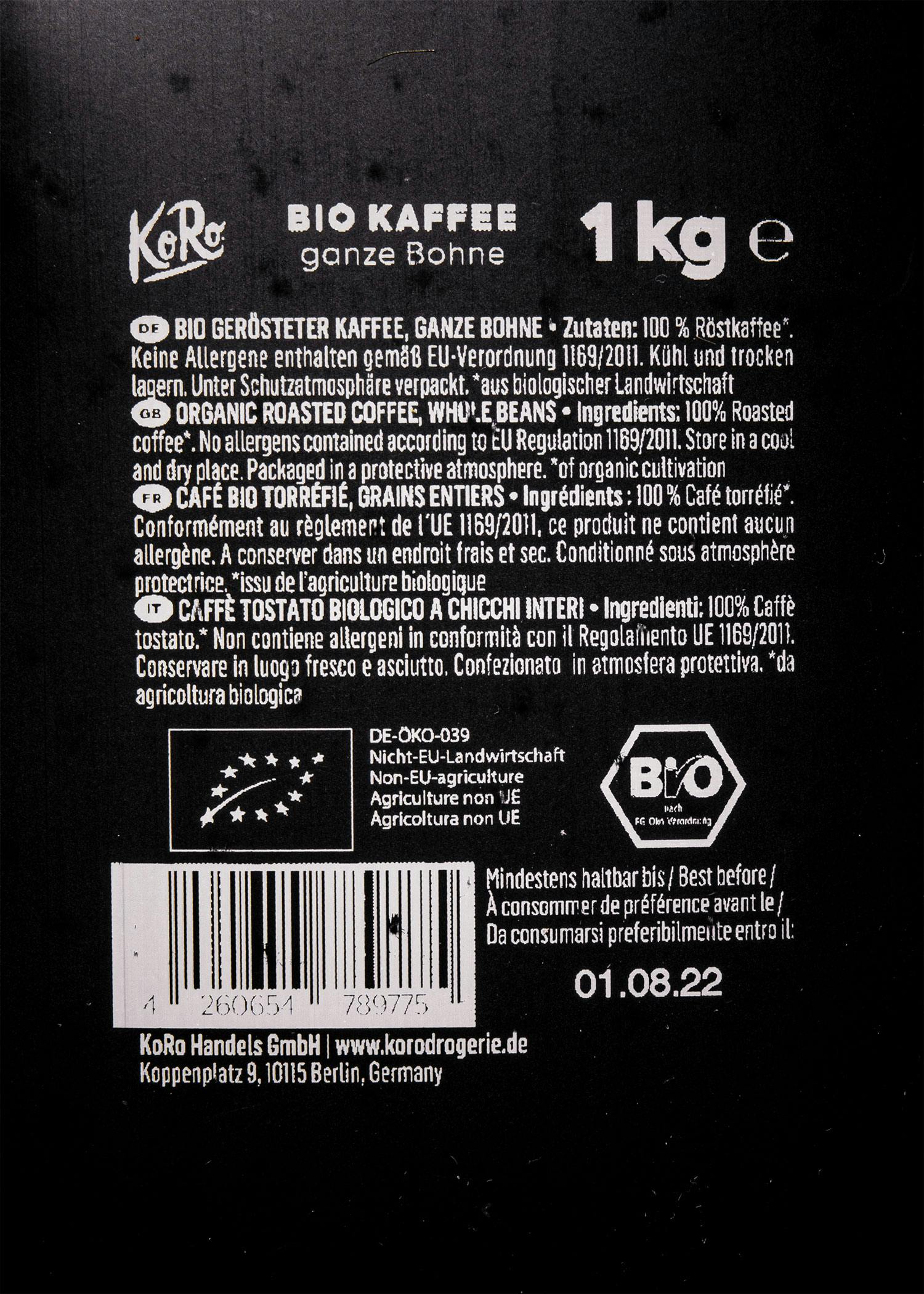 Bio Kaffee Crema ganze Bohne 1 kg