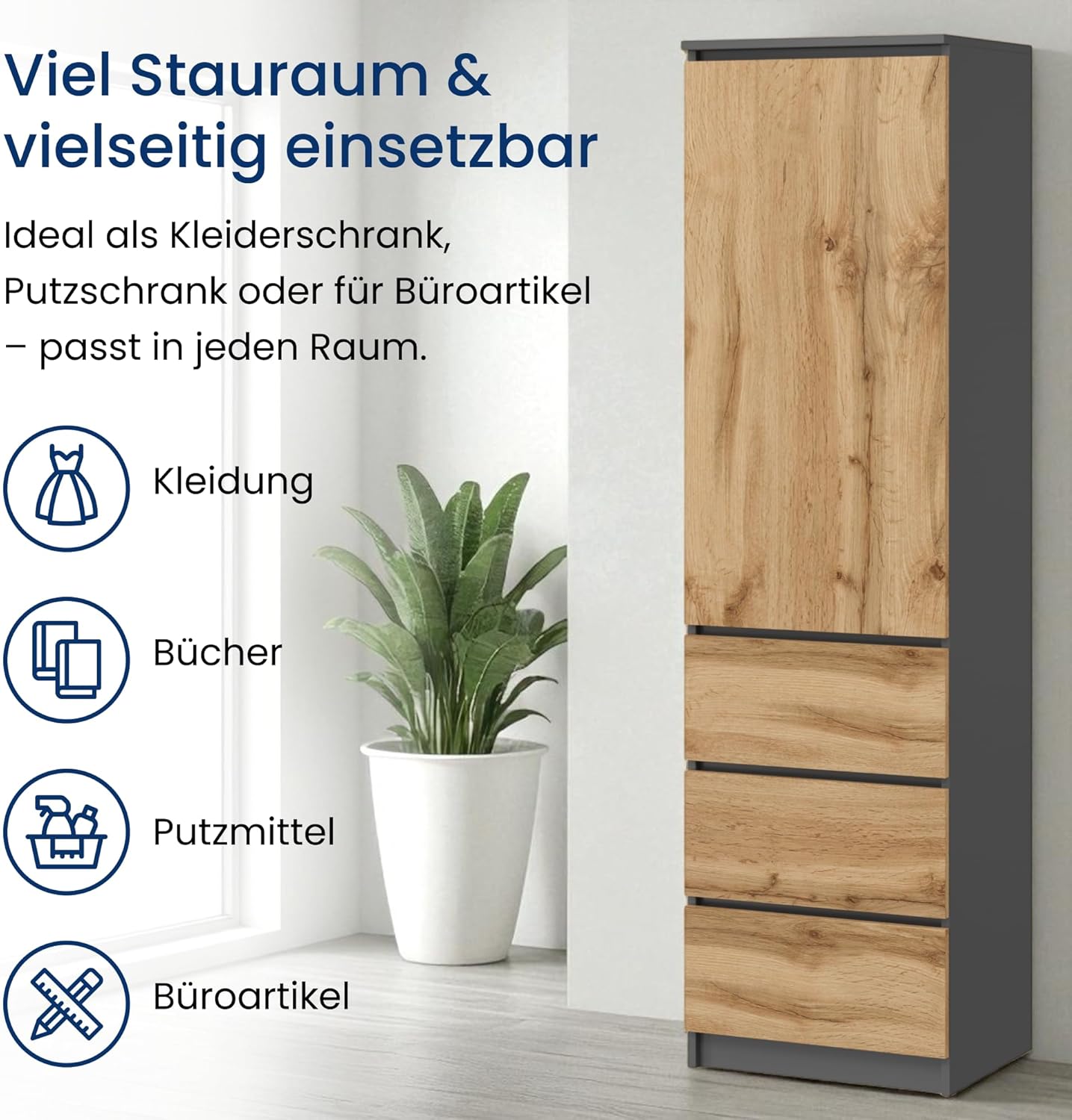Home Collective Kleiderschrank, Garderobenschrank, Mehrzweckschrank mit 3 Einlegeböden & 3 Schubladen | Schrank für Schlafzimmer, Flur oder Arbeitszimmer | 50x40x180 cm (BxTxH) | Anthrazit-Eiche