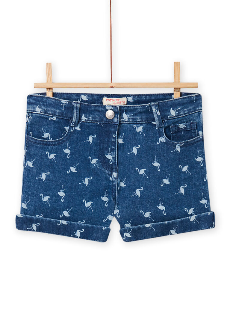 Short denim brut à imprimé flamand rose enfant fille