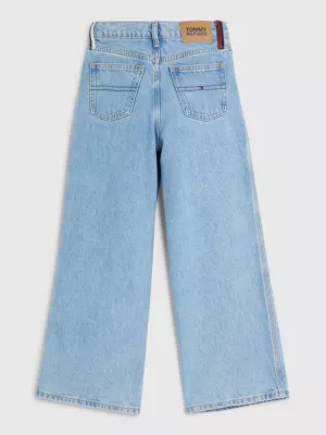 Calça jeans desbotada de perna larga com listras globais