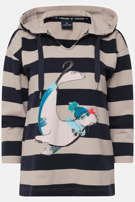 Hoodie, Ringel, Robben-Print, Kapuze, 3/4-Ärmel, OEKO-TEX