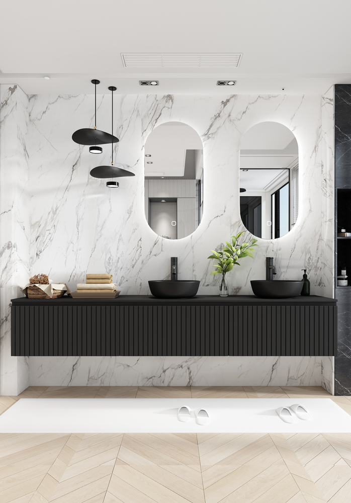 Fontana Stripe zwart badmeubel ribbelfront 240cm met zwarte waskommen