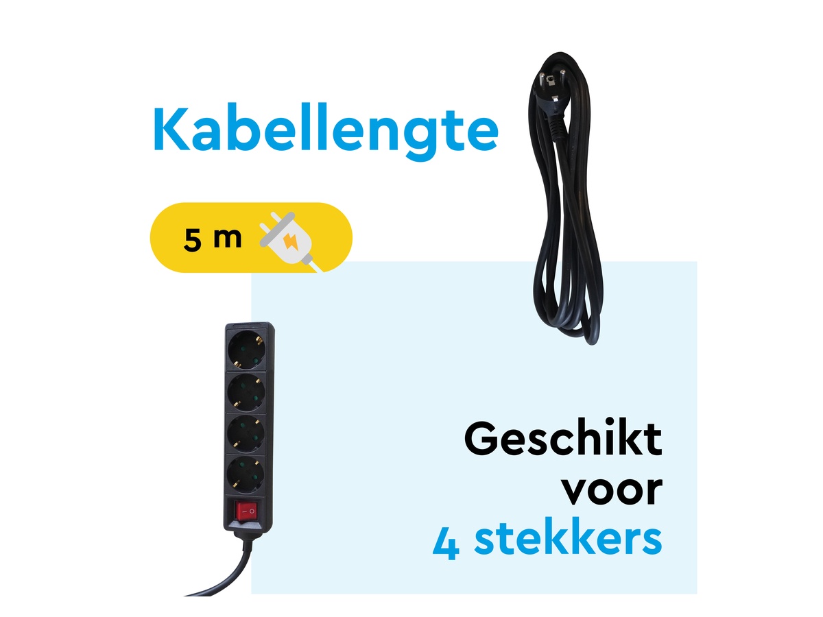 BRASQ 5 meter 4-voudige stekkerdoos met schakelaar - Black
