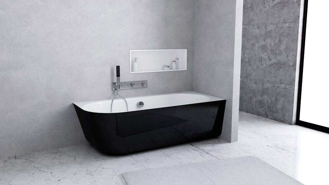Polysan Sussi halfvrijstaand bad rechts mineraalmarmer 150x70cm zwart/wit