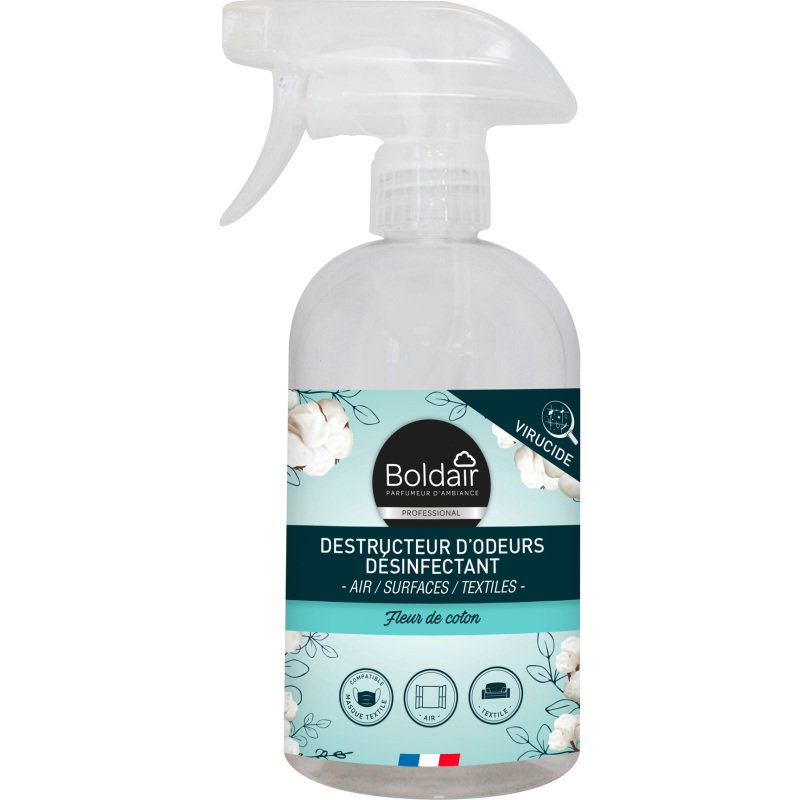 Destructeur d'odeurs désinfectant Boldair Fleur de coton - Spray 500 ml