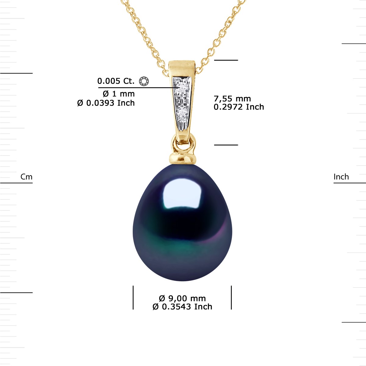 Pendentif Joaillerie Diamants 0,01 Cts - Véritable Perle de Culture d'Eau Douce Poire 9-10 mm - Black Tahiti - Or Jaune
