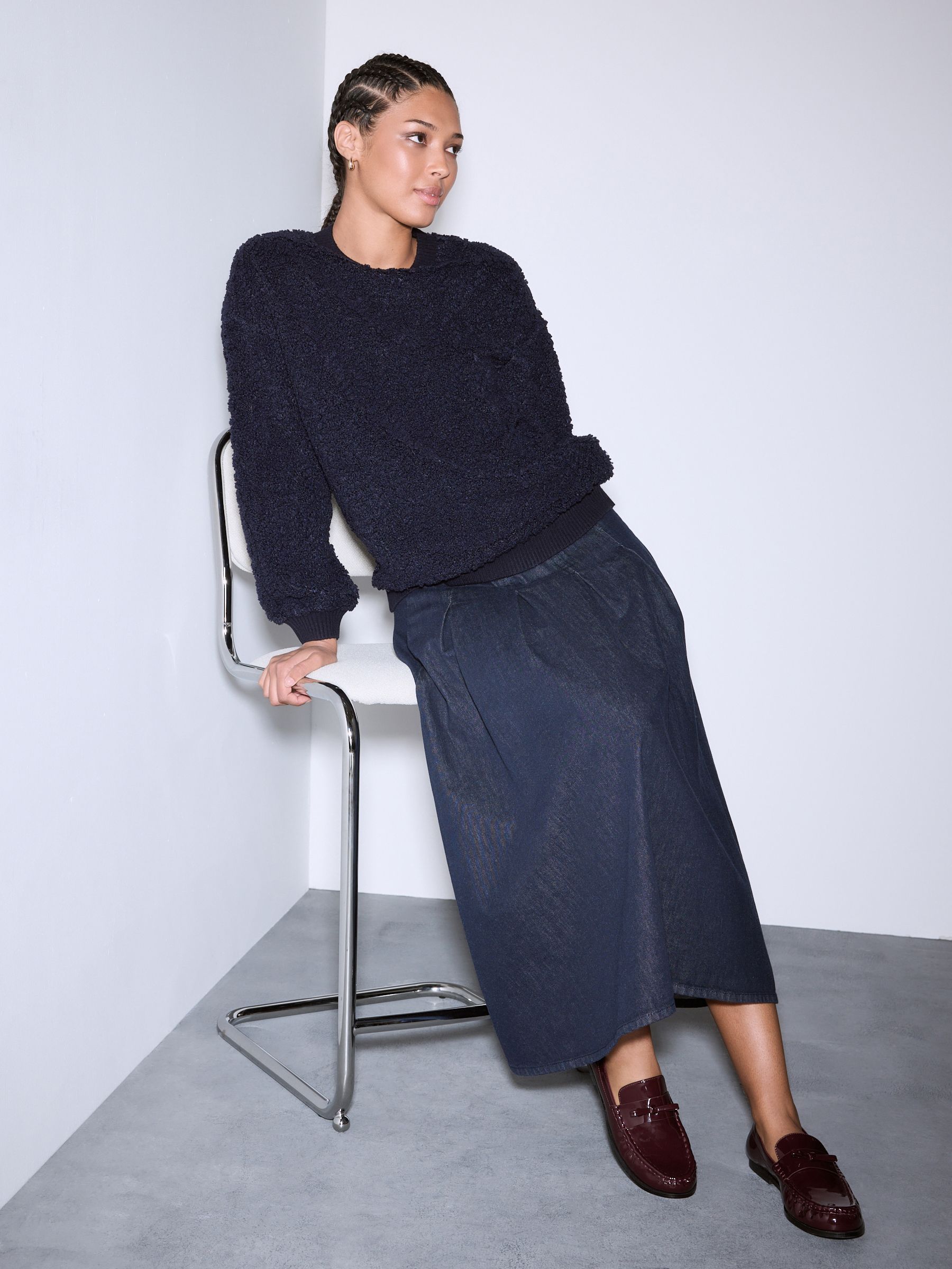 Donkerblauw - Fluffy Soft Borg Cable Long Sleeve Crew Neck Sweatshirt