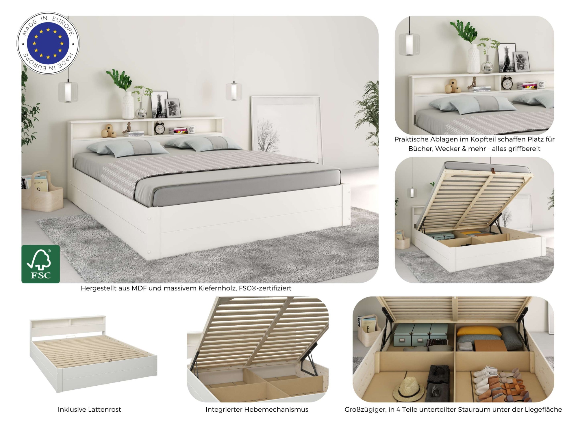 Home affaire Stauraumbett »MAREILLES« 140x200cm und 180x200cm,  Massivholz, Hebemechanismus, Stauraum im Kopfteil und unter dem Bett