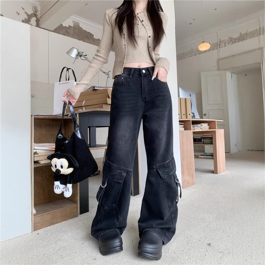scenesweet - Mid Rise Washed Flared Cargo Jeans