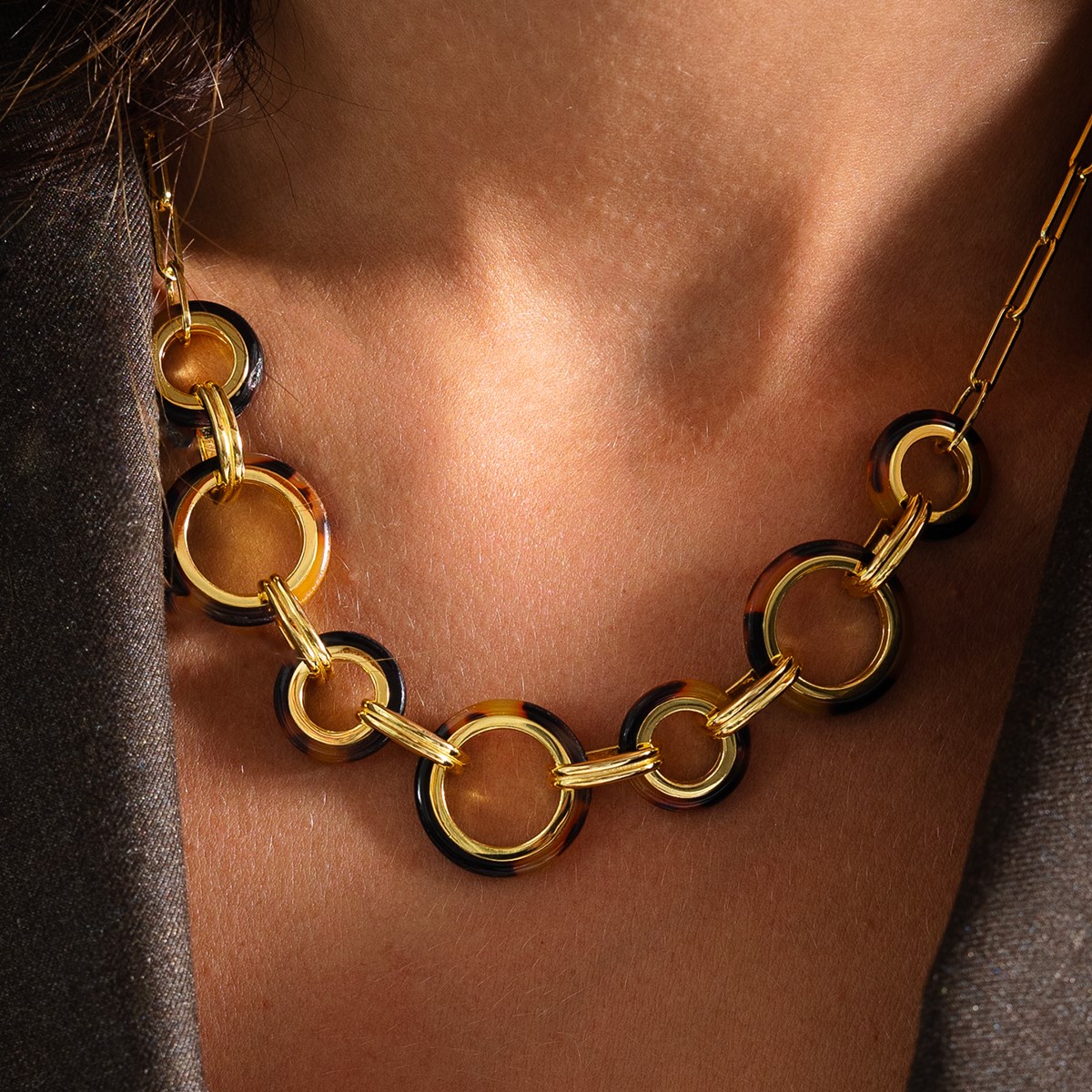 Collier En Argent Plusieurs Ronds Doré Et Acétate écaille Marron Anaïs