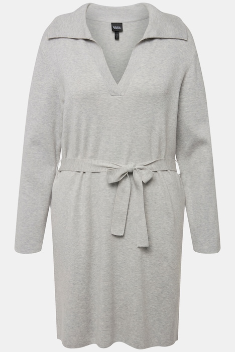 Strickkleid, Gürtel, Hemdkragen, V-Ausschnitt, Langarm