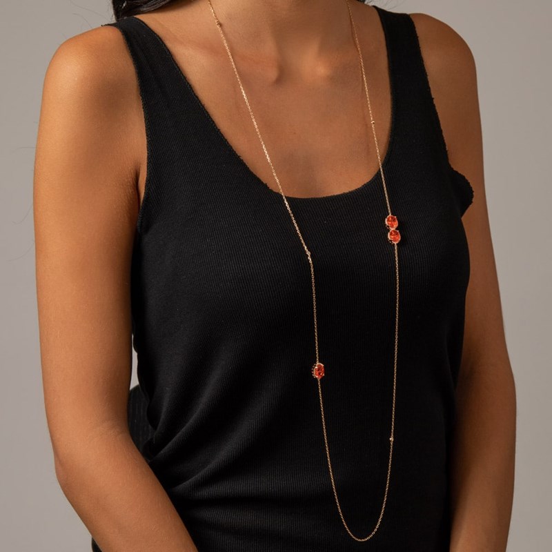 Collier Argent Sautoir Dore Multi Solitaires Orange Serti
