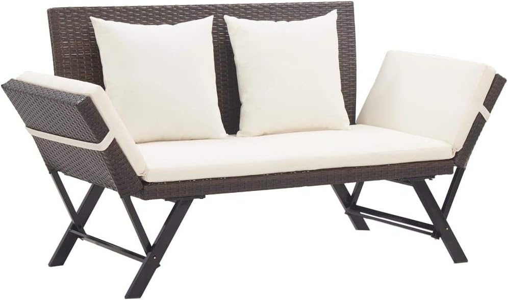 Tidyard 2-in-1 Gartenbank Sonnenliege Poly Rattan mit Auflage Multifunktionsbank Gartensofa 2 Sitzer Liegesofa Gartenliege Liegestuhl, Beide Seiten Sind Verstellbar, Braun 176 cm