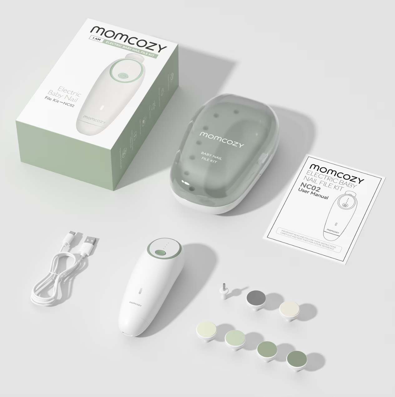 Momcozy - (10-tlg. Set) Elektrische Baby Nagelfeile Maniküre Trimmer Kinder Nagelpflege mit LED Ring (NC013-GG12BA-A) - Weiss / Grün