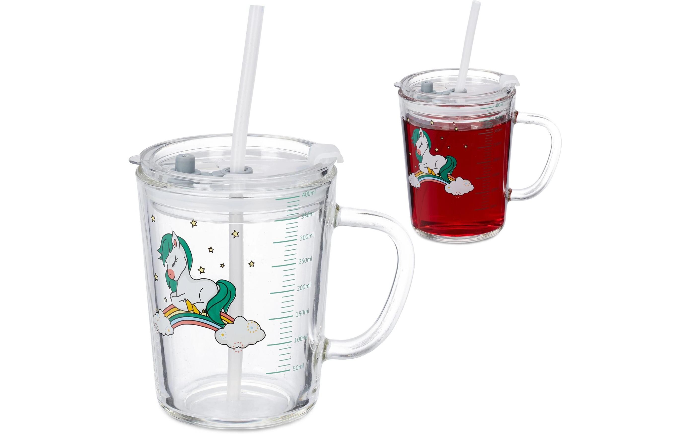 Kindertrinkglas 2 Stück, PferdemotivGlas mit Deckel und Strohhalm
