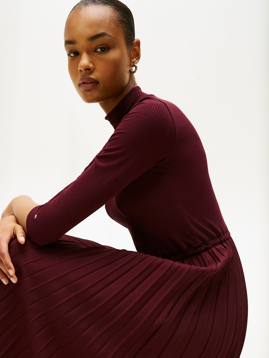 TOMMY HILFIGER<br>Vestido midi com pregas e mangas 3/4