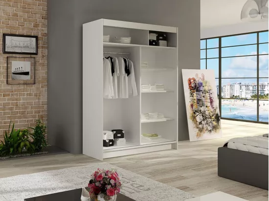Armoire Closico 129, Blanc, 200x120x58cm, Portes d'armoire: Glissement