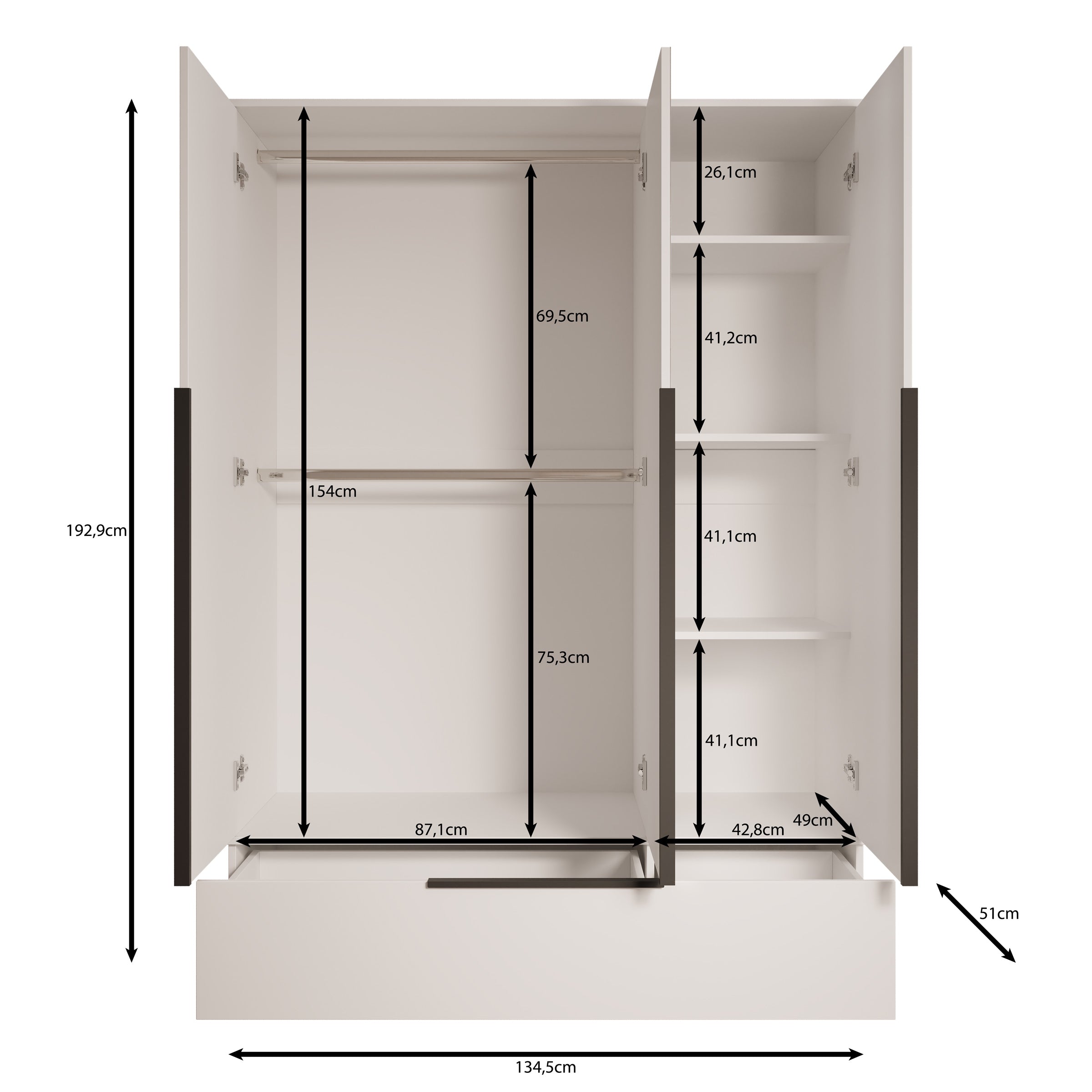 Skyer - Kledingkast 3-deurs - Beige - 135x51x193 cm